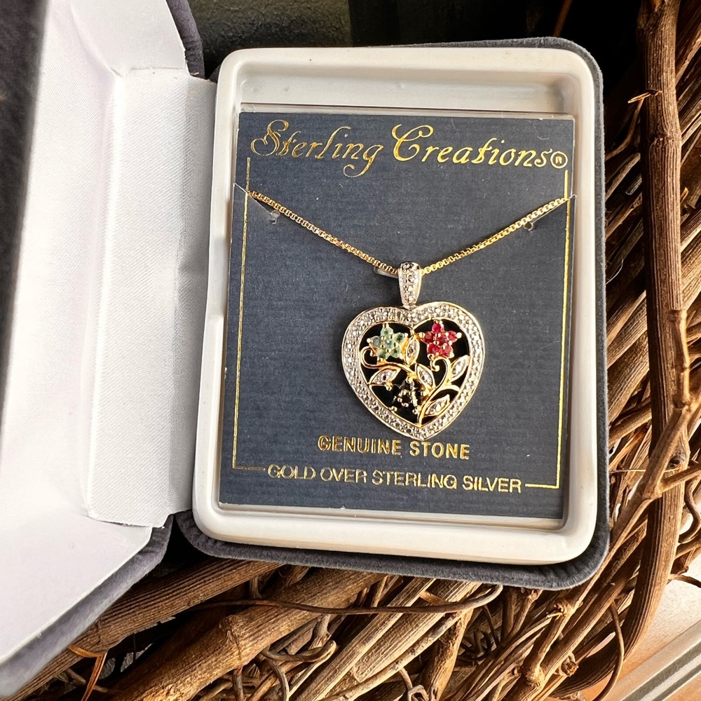 Gold Over Sterling Silver Heart Pendant Necklace with Green, Red & Blue Stones